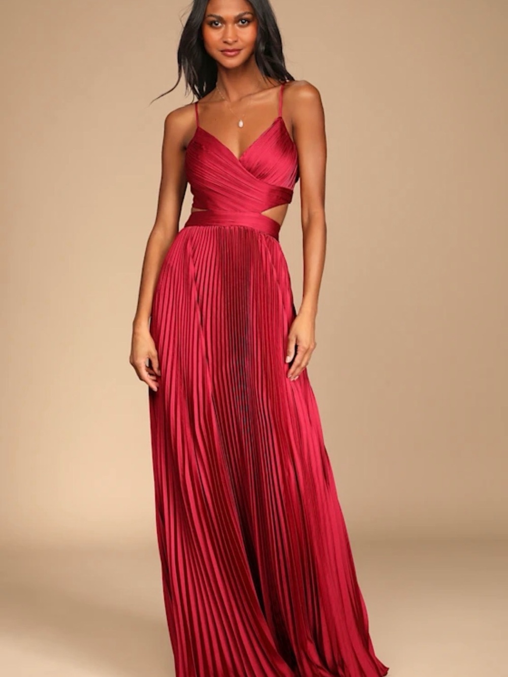 Lulu's Crimson Pleated Maxi Dress with Side Cutout